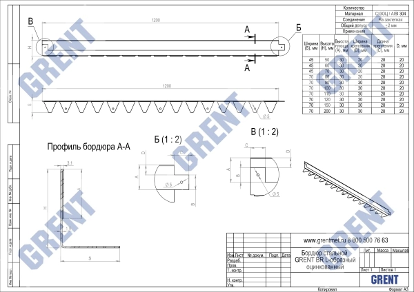 Бордюр стальной GRENT BR L-образный 1200*100, 1,5, нержавеющий